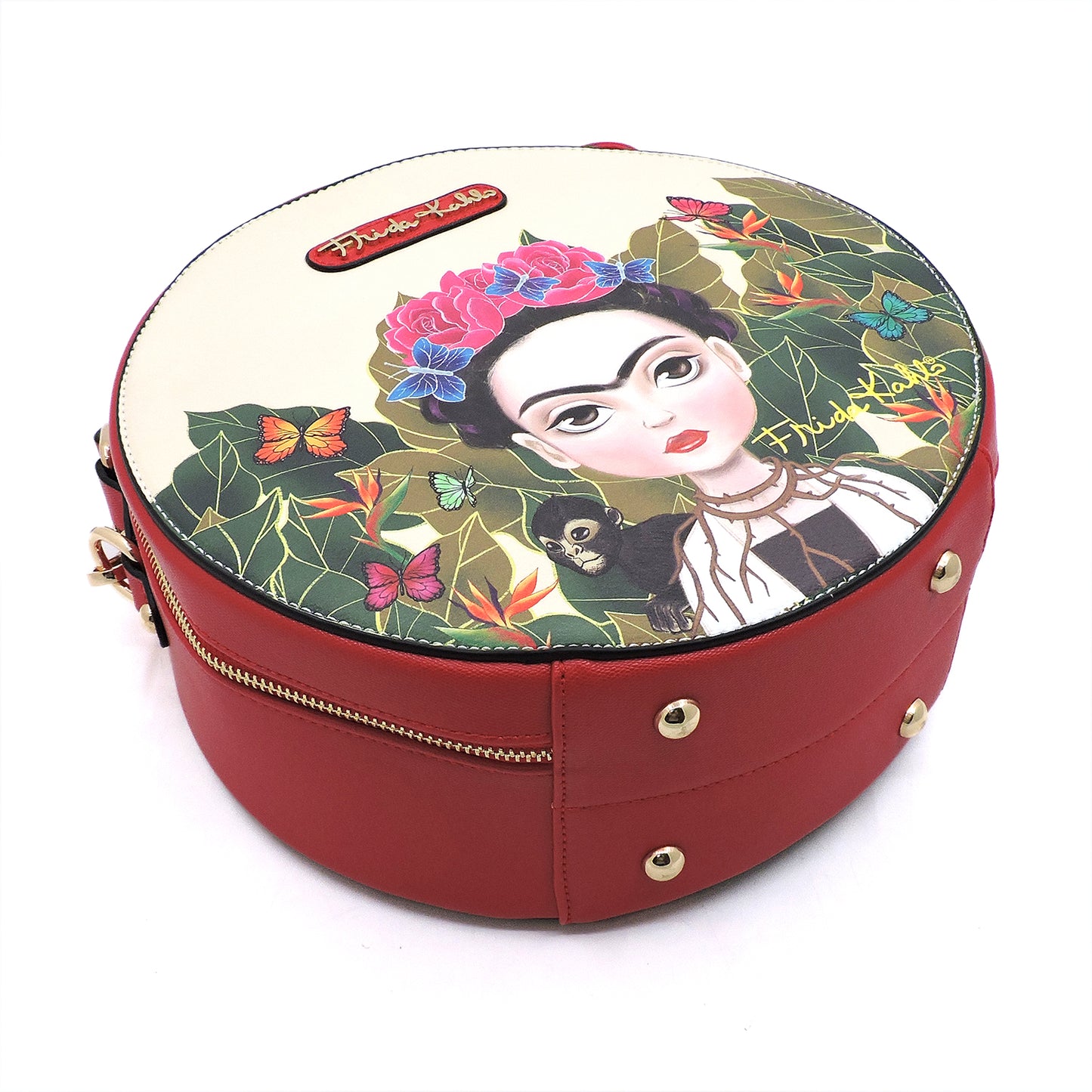 FJC990L AUTHENTIC FRIDA KAHLO CARTOON SERIES ROUND SHAPE 2 WAY SATCHEL~BLACK