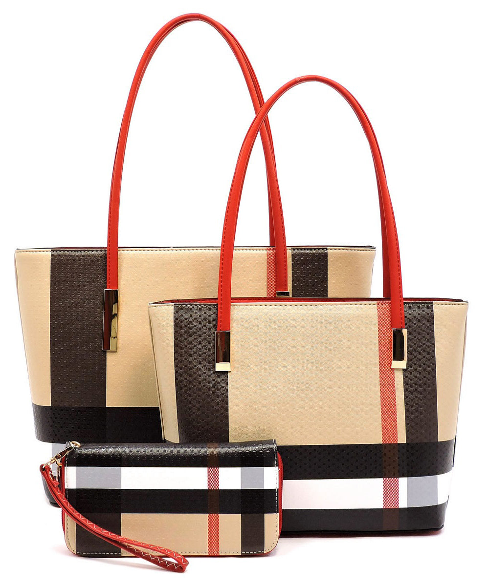 CH-BT2669 SMOOTH TEXTURED MODERN CHECK 3 in 1 FASHION TOTE SET