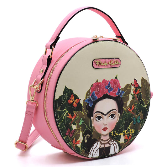 FJC990L AUTHENTIC FRIDA KAHLO CARTOON SERIES ROUND SHAPE 2 WAY SATCHEL~BLACK