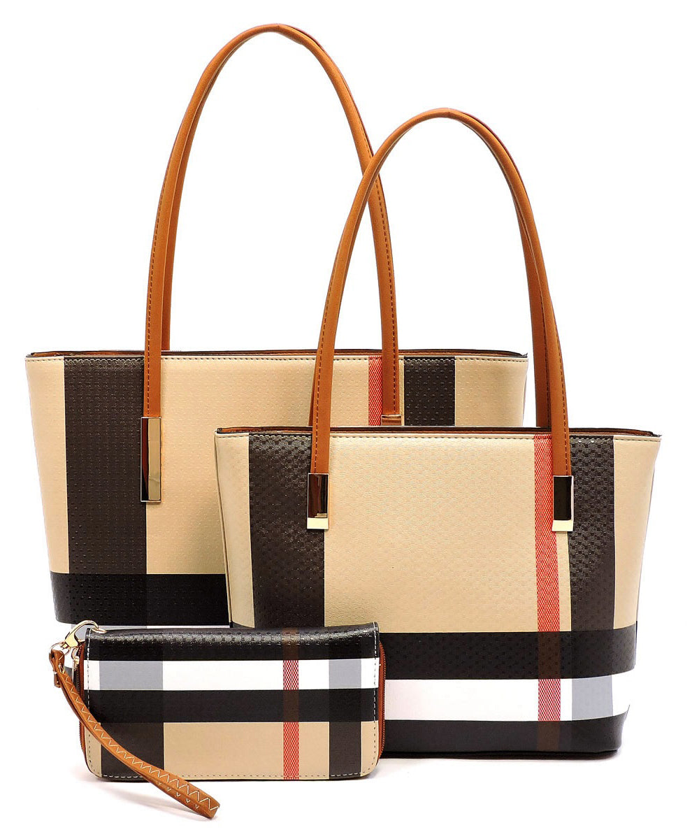 CH-BT2669 SMOOTH TEXTURED MODERN CHECK 3 in 1 FASHION TOTE SET