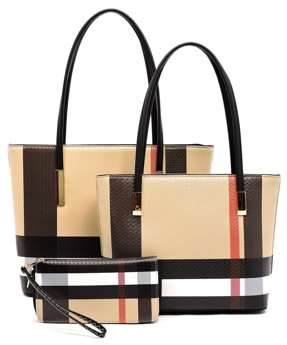 CH-BT2669 SMOOTH TEXTURED MODERN CHECK 3 in 1 FASHION TOTE SET